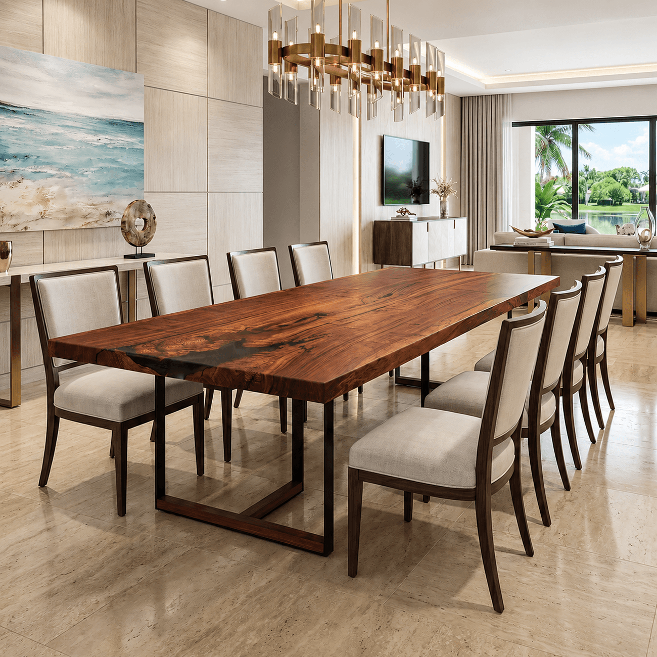 Contemporary Congo Padauk dining table with metal T-shaped base and wooden inserts.