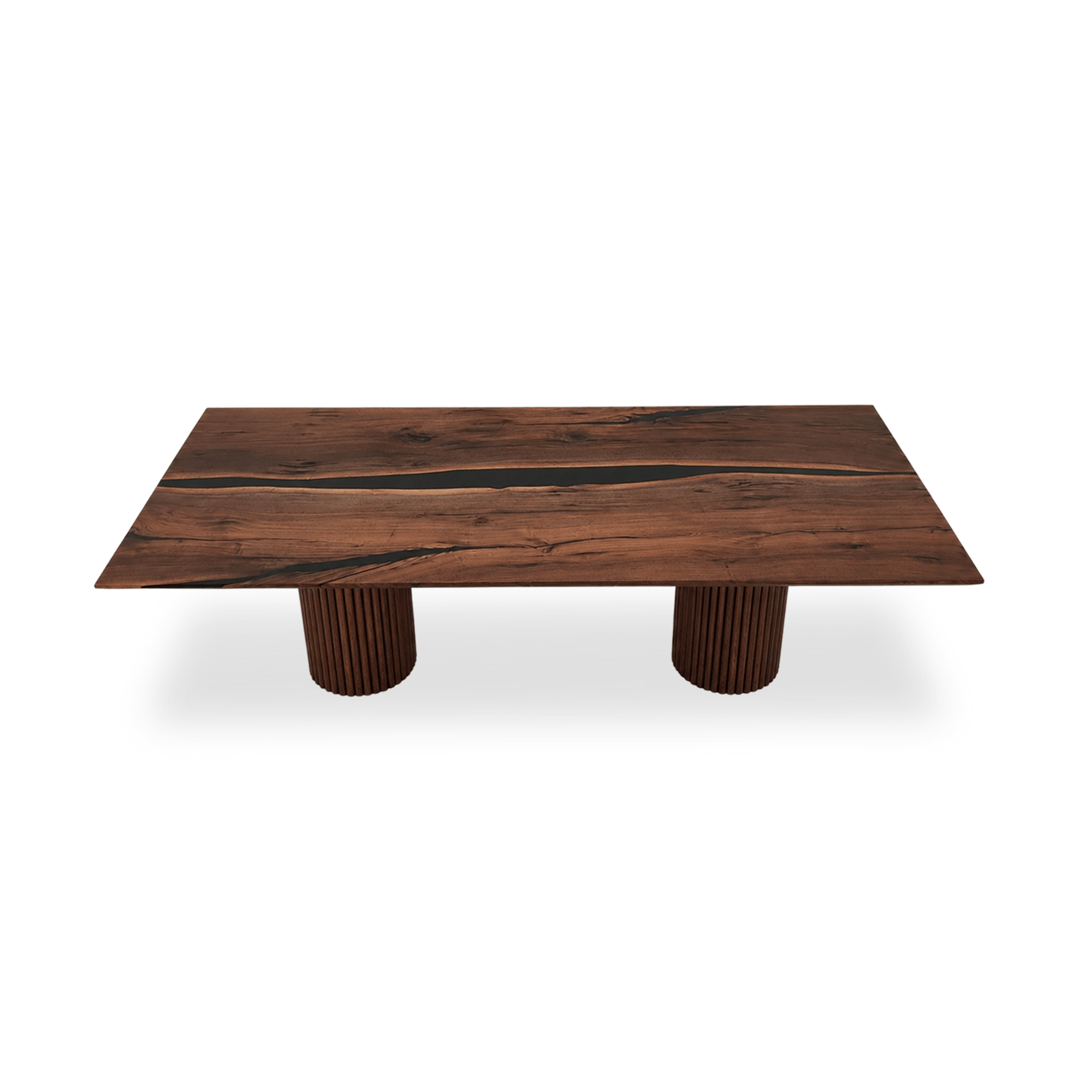 Marcel walnut dining table with black epoxy river and twin fluted wood columns