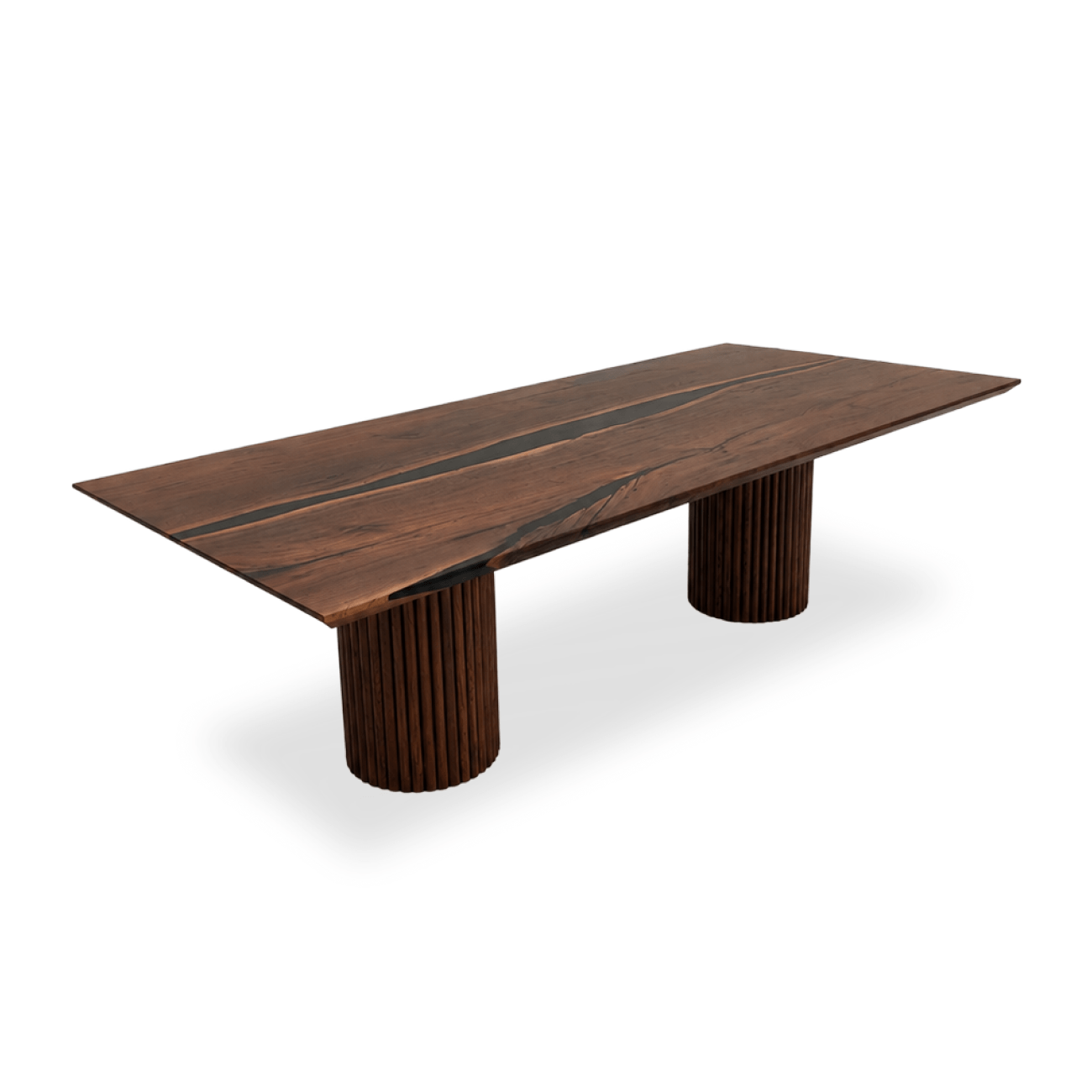 Handcrafted walnut slab dining table with chamfered edge and fluted pedestal base