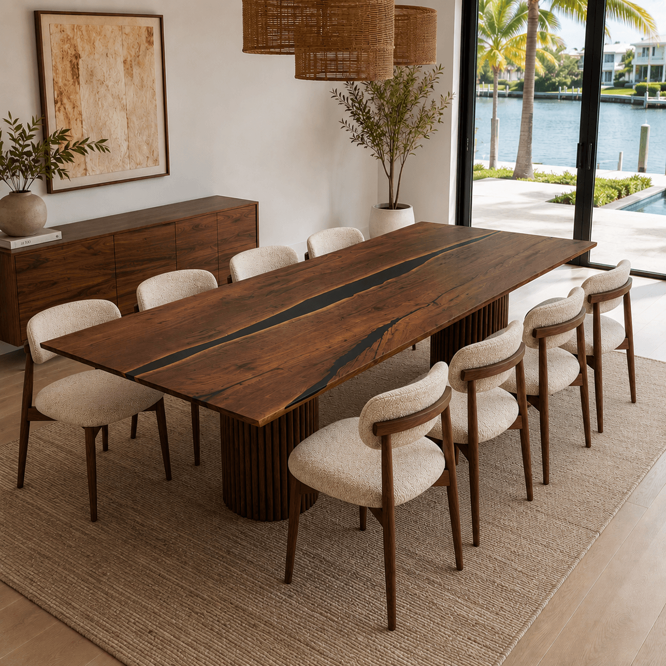 Contemporary walnut dining table with dual fluted wooden column bases