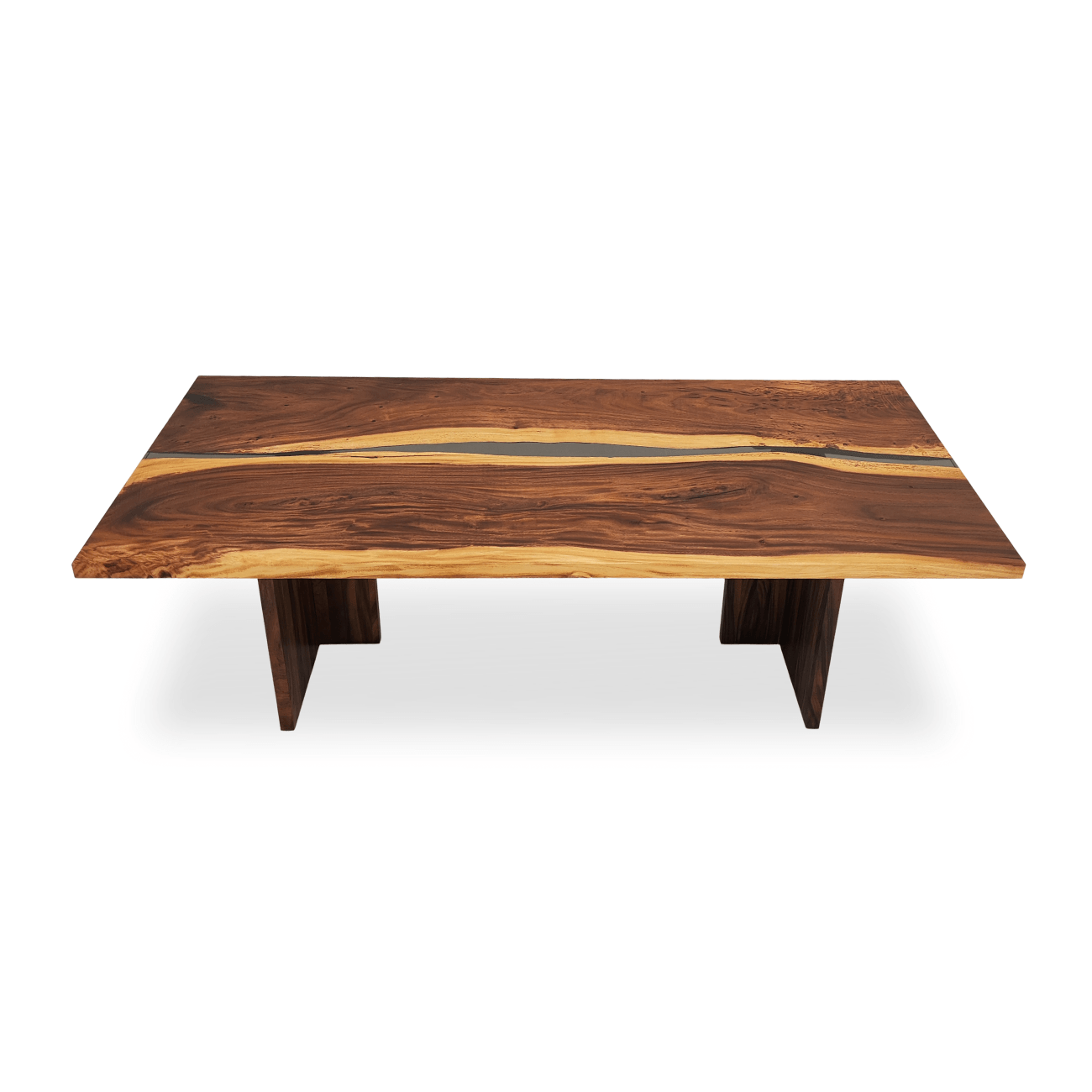 Tau Monkey Pod dining table with gray epoxy river and wooden T-shaped legs