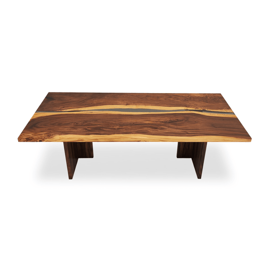 Tau Monkey Pod dining table with gray epoxy river and wooden T-shaped legs