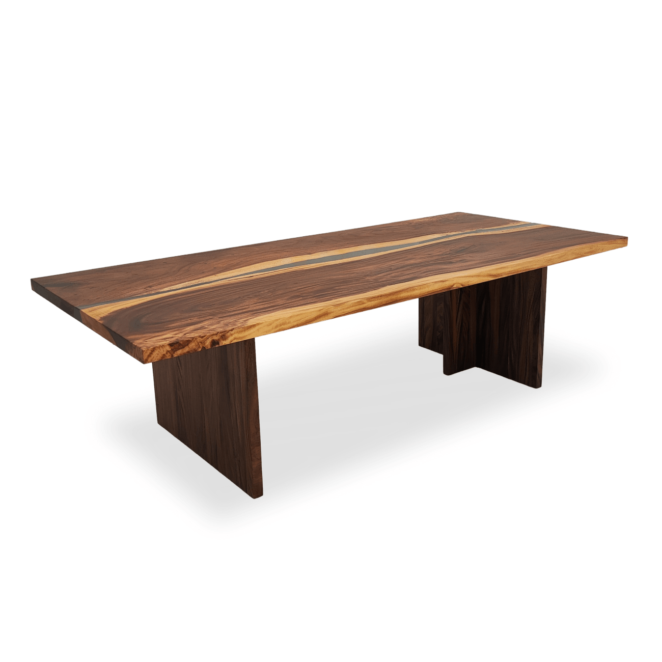 Handcrafted Monkey Pod slab dining table with straight-edge tabletop