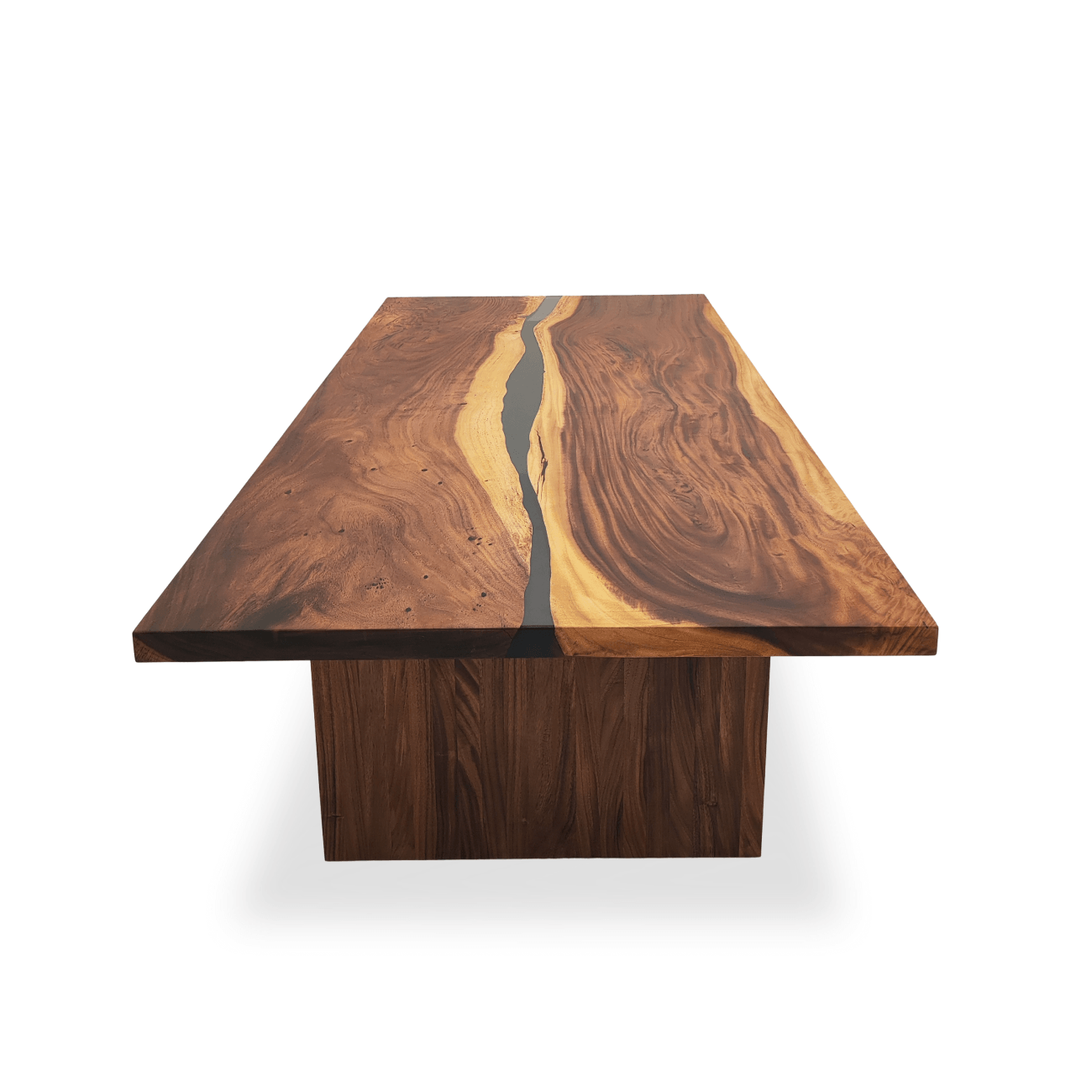 Luxury 47 x 102 Monkey Pod dining table with gray epoxy resin