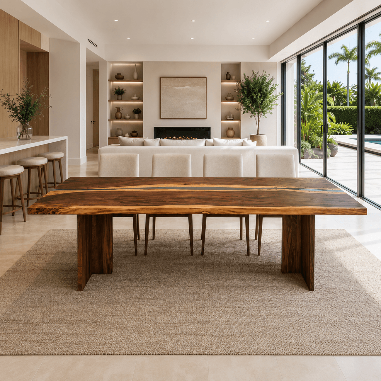 Contemporary Saman wood dining table with solid wood T-shaped base
