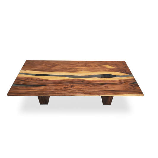 Select Monkey Pod dining table with gray epoxy river and solid wooden base