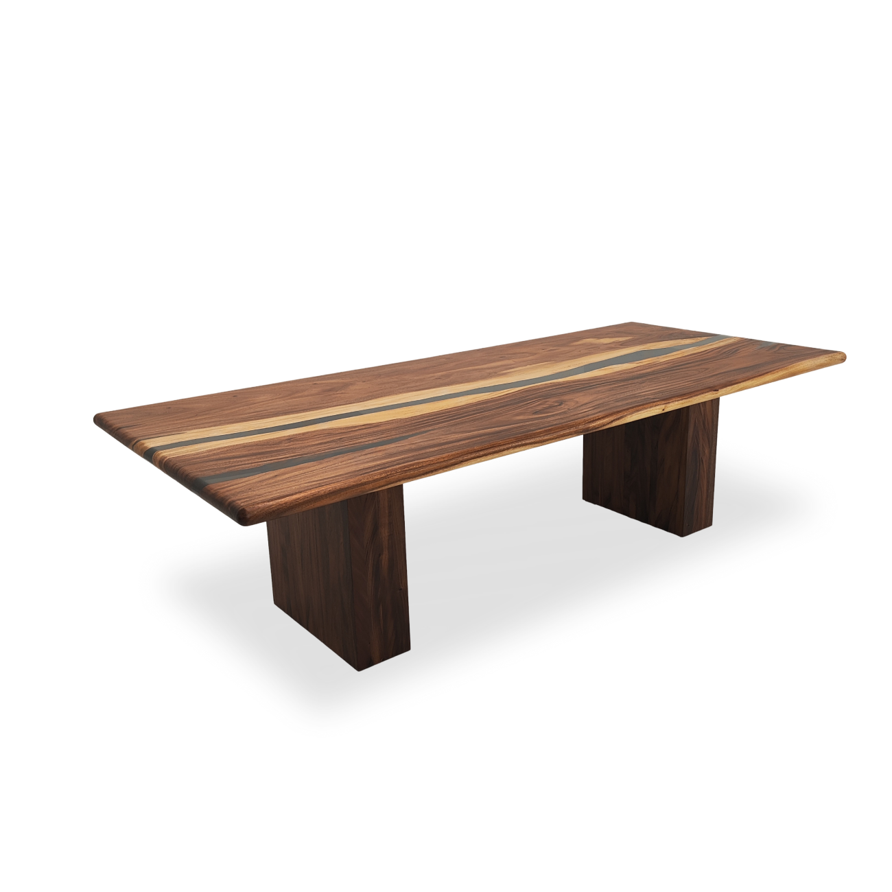 Handcrafted Monkey Pod slab dining table with rounded edge and rectangular wood base