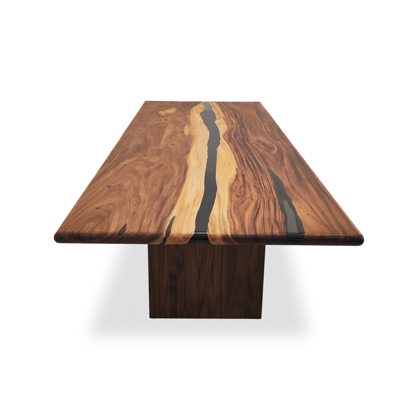 Luxury 47 x 110 Monkey Pod dining table with gray epoxy resin