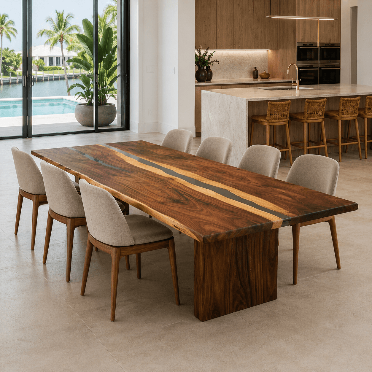 Luxury 47 x 110 Monkey Pod dining table with gray epoxy resin.