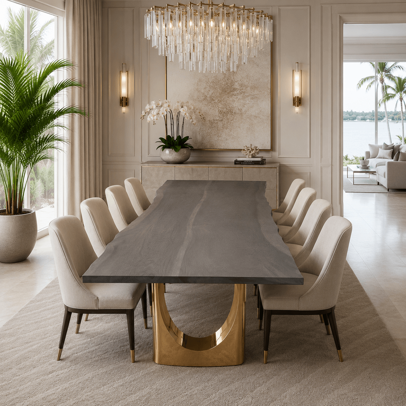 Contemporary extendable bleached Saman dining table with sculptural golden legs.