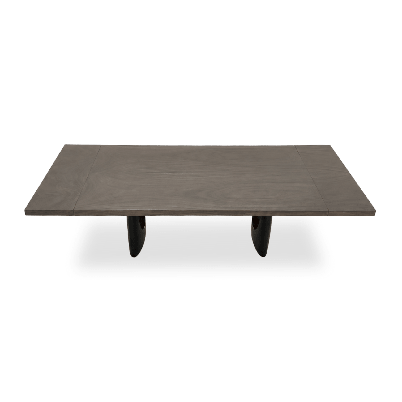Vault bleached Monkey Pod extendable dining table with arched dual-tone metal base.