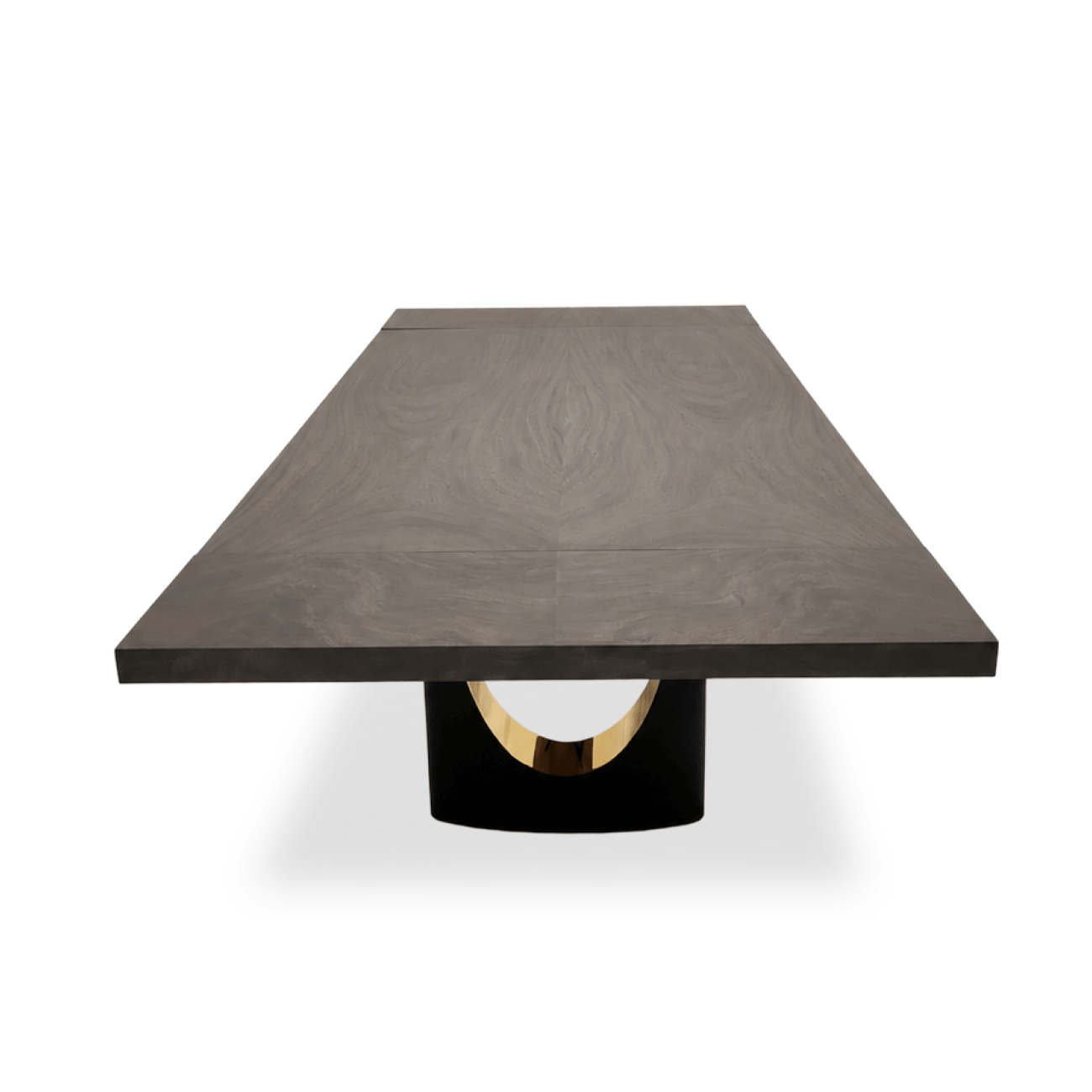 Handcrafted bleached Saman dining table with straight-edge tabletop and gold-accented base.