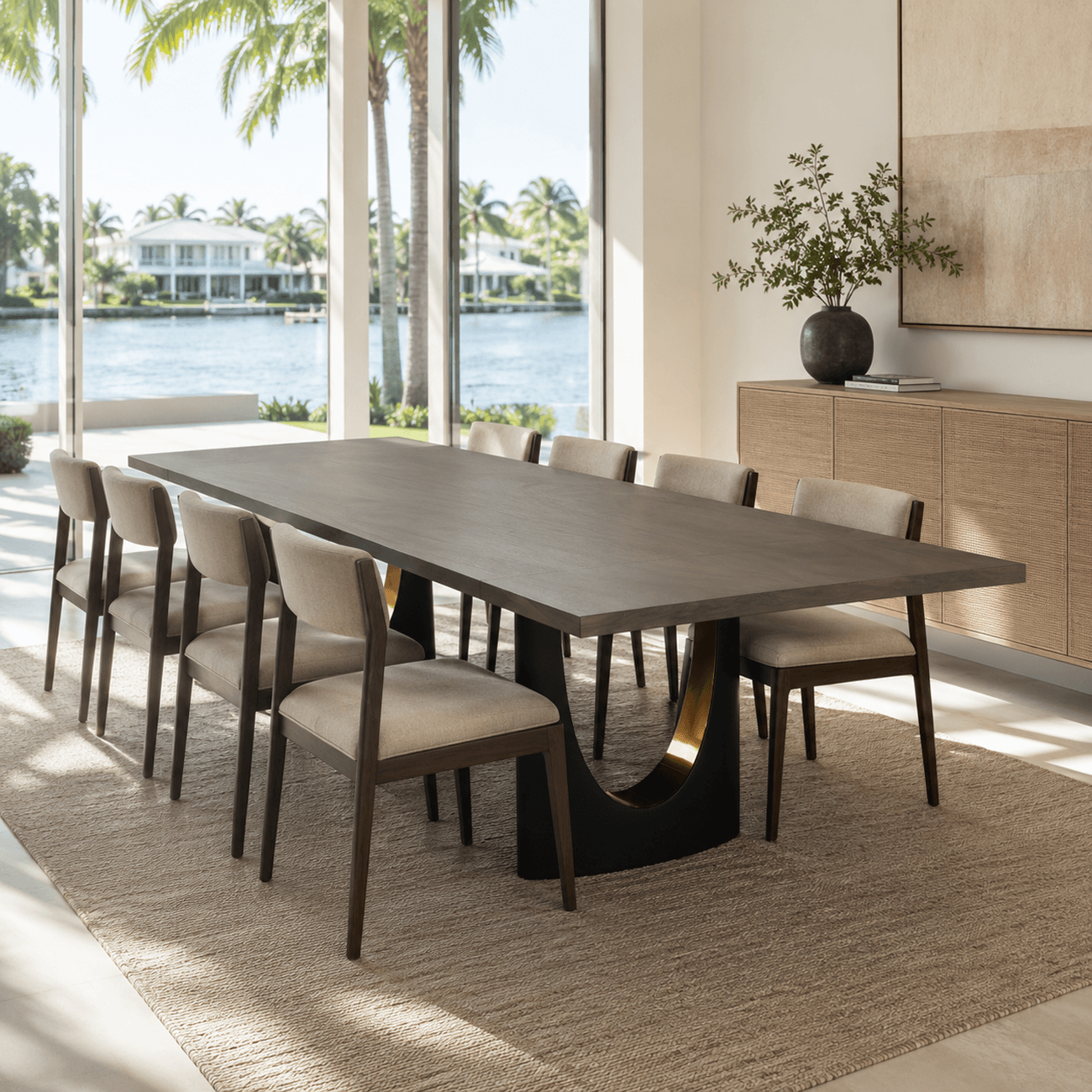 Contemporary bleached Monkey Pod dining table with dark gray and gold metal base.