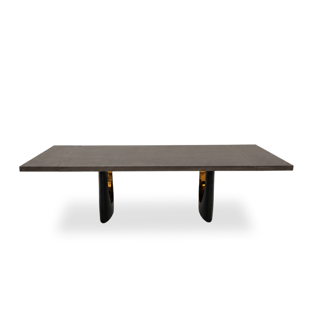Luxury 48 x 80–110 extendable Monkey Pod dining table with sculptural arch legs.