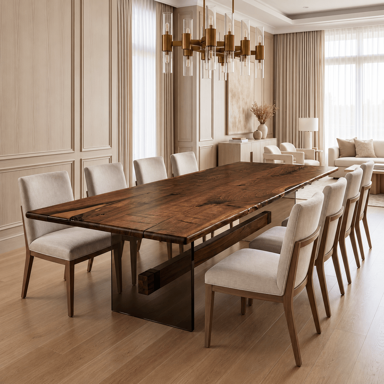 Contemporary walnut epoxy river dining table with sculptural transparent base