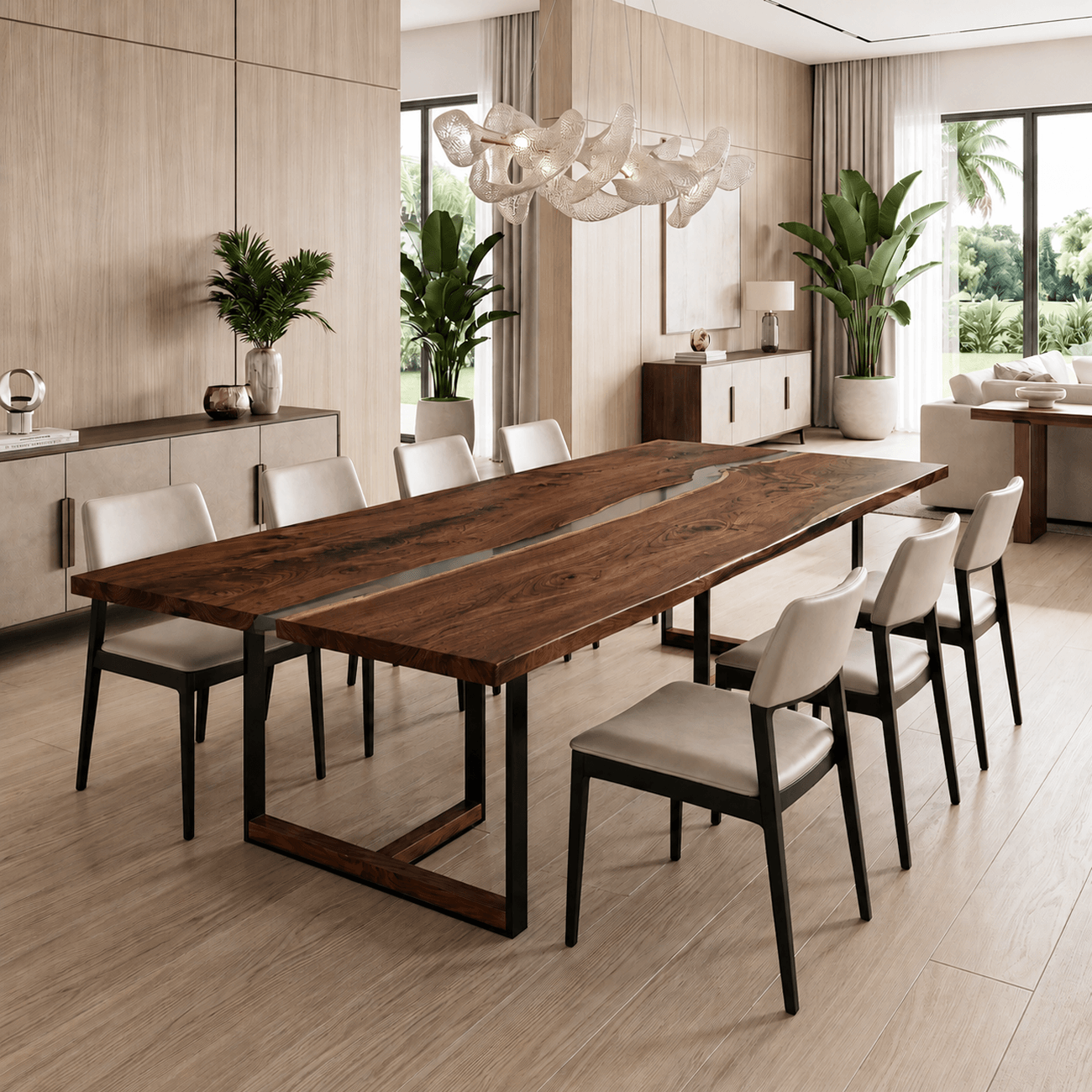 Contemporary 48 x 118 walnut river dining table for luxury interiors