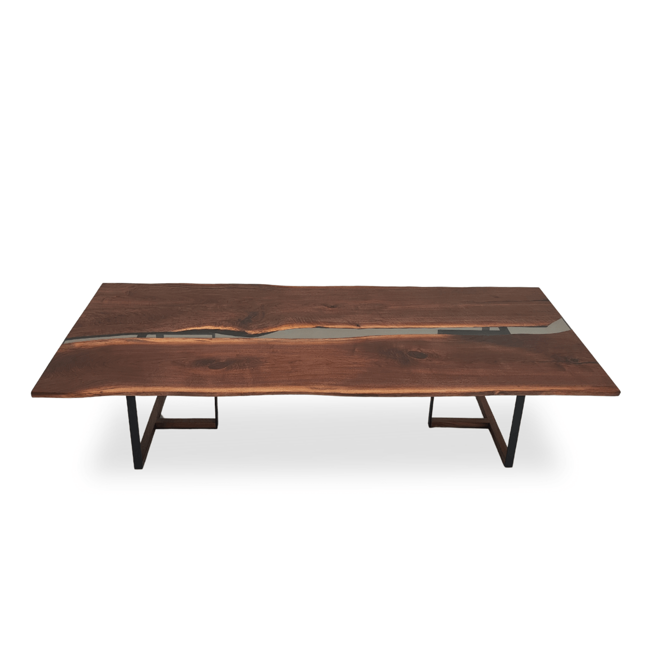 Tuco walnut dining table with transparent gray epoxy river and T-shaped steel legs with walnut inserts