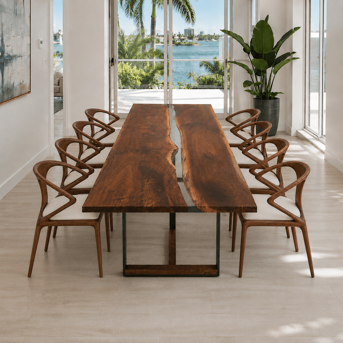 Luxury 48 x 126 walnut dining table with sculptural steel and walnut T-shaped base