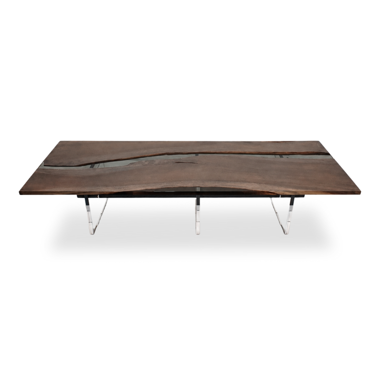 Handcrafted Monkey Pod dining table with transparent plexiglass base