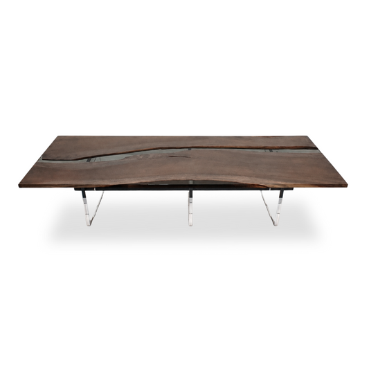 Handcrafted Monkey Pod dining table with transparent plexiglass base