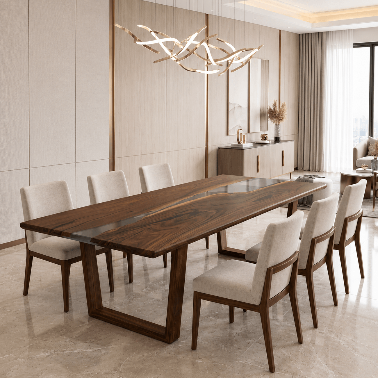 Sedon walnut dining table with smoky grey epoxy river and wooden base