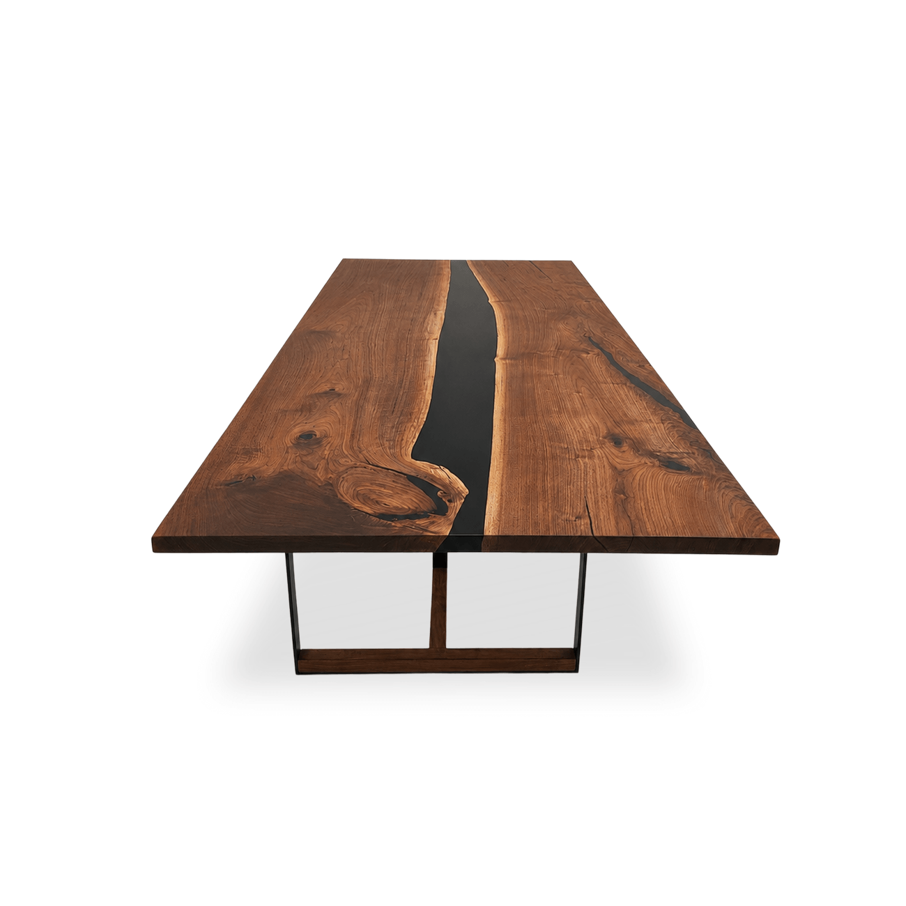 Tuco walnut dining table with metal base and wooden inserts