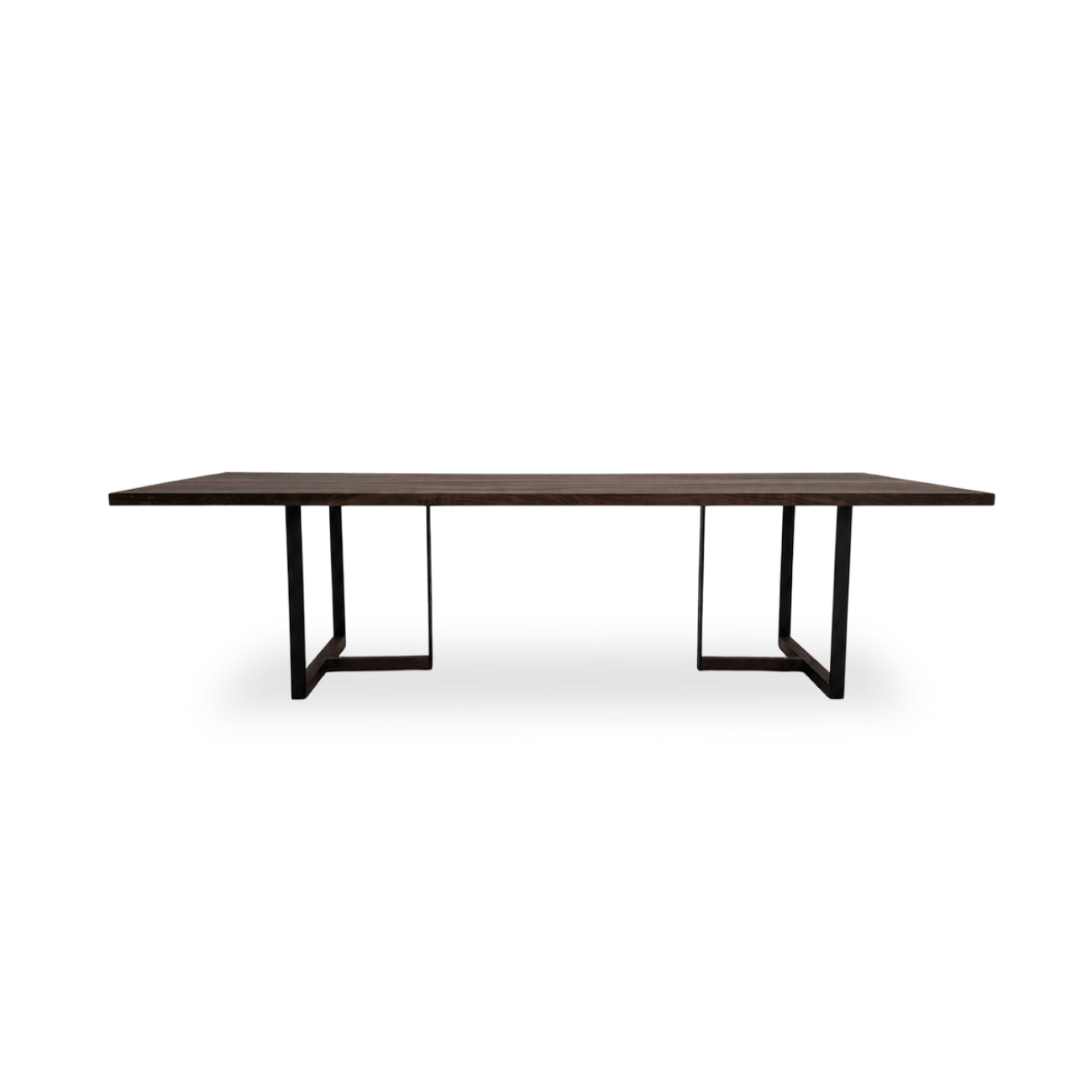 Rectangular walnut river table with black epoxy and T-shaped metal legs