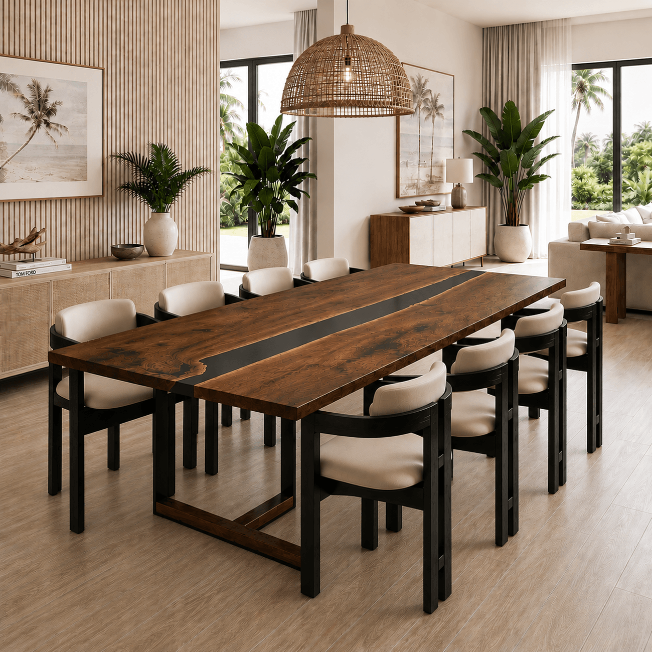 Handcrafted walnut epoxy dining table with straight edges and black river