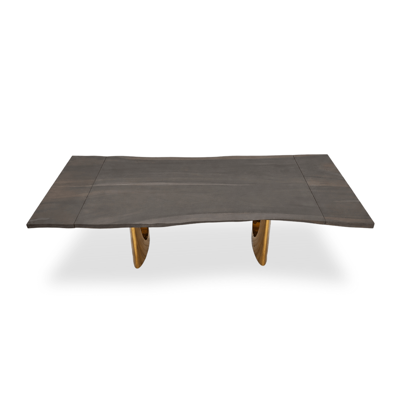 Vault bleached Monkey Pod extendable dining table with live-edge tabletop and golden metal legs.