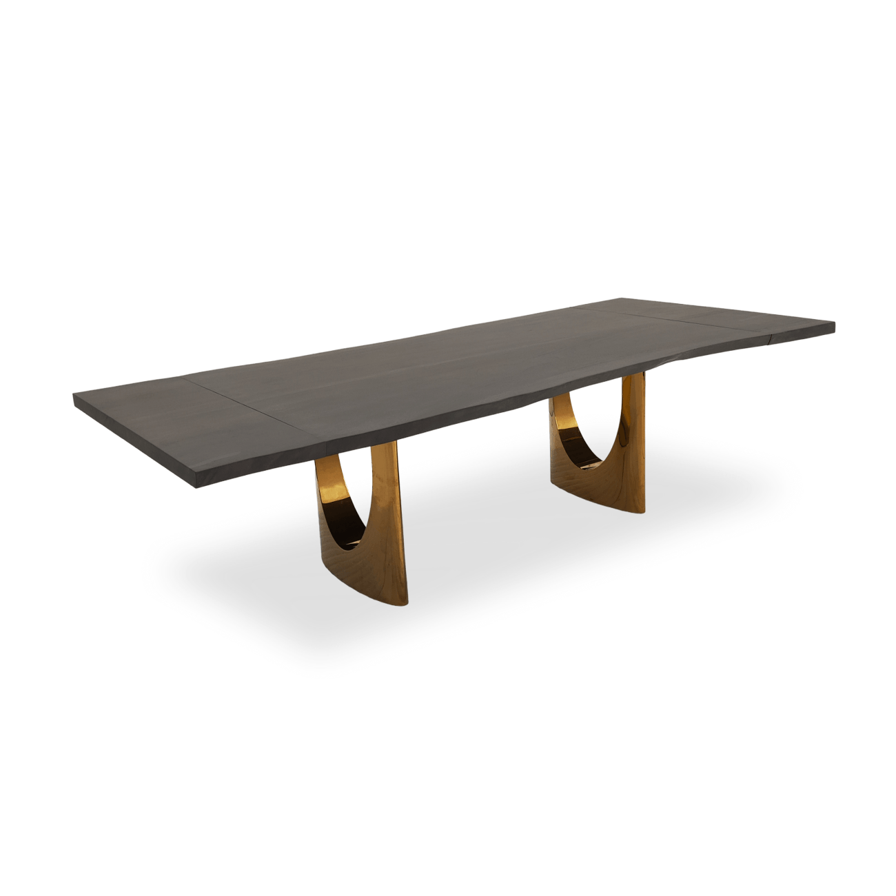 Vault bleached Monkey Pod extendable dining table with live-edge tabletop and golden metal legs.