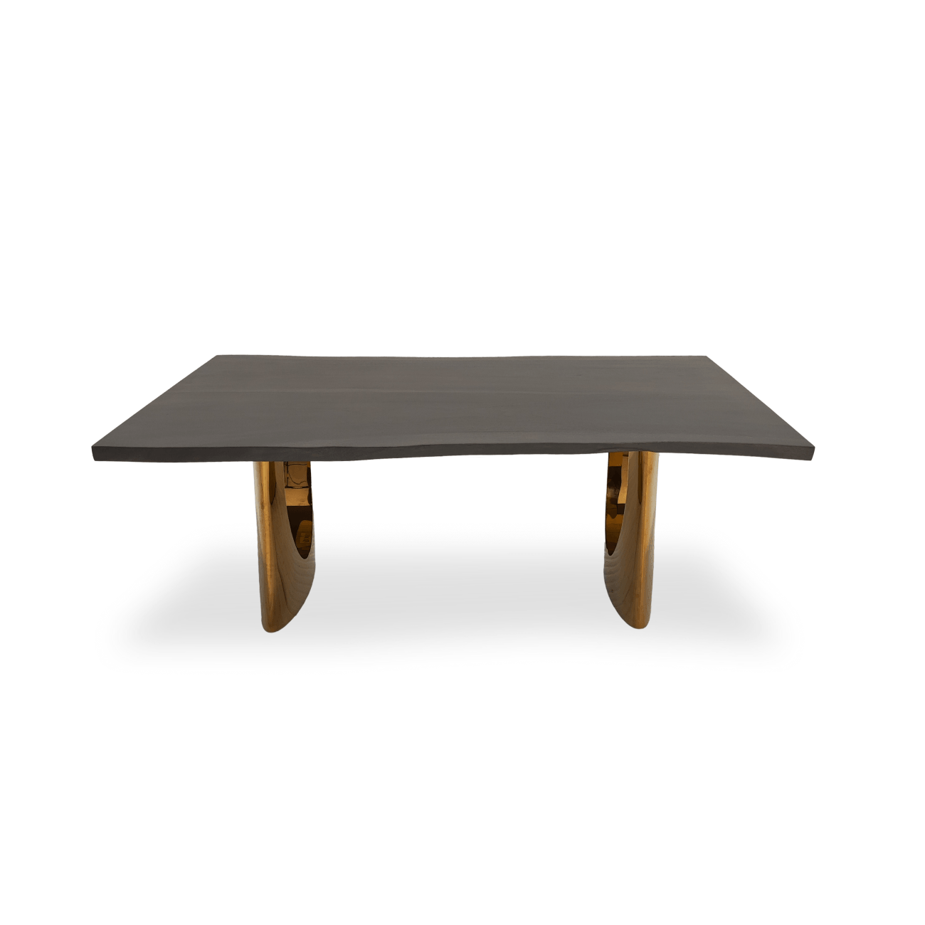 Luxury 48 x 80–110 live-edge Monkey Pod dining table with gold metal base.