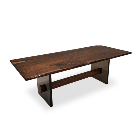 Skybar walnut dining table with amber epoxy river and transparent plexiglass base