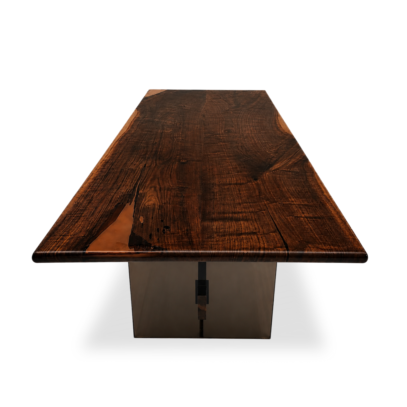 Handcrafted walnut slab dining table with amber resin and architectural acrylic base