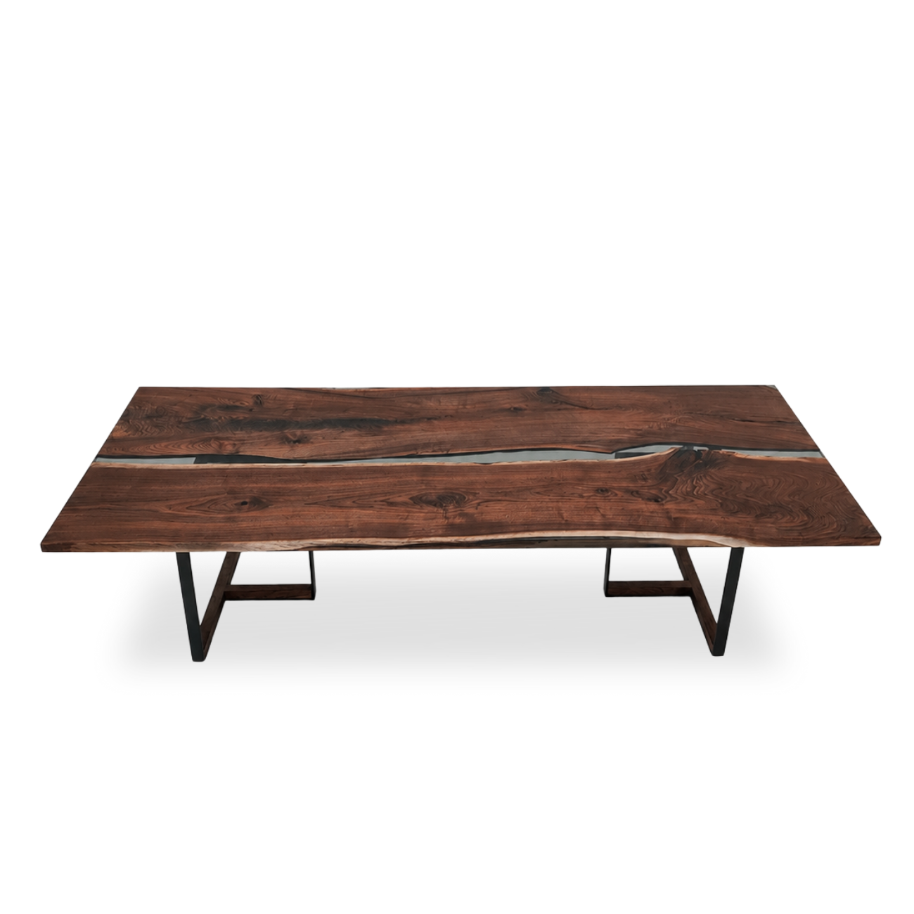 Tuco walnut dining table with gray epoxy river and T-shaped metal legs