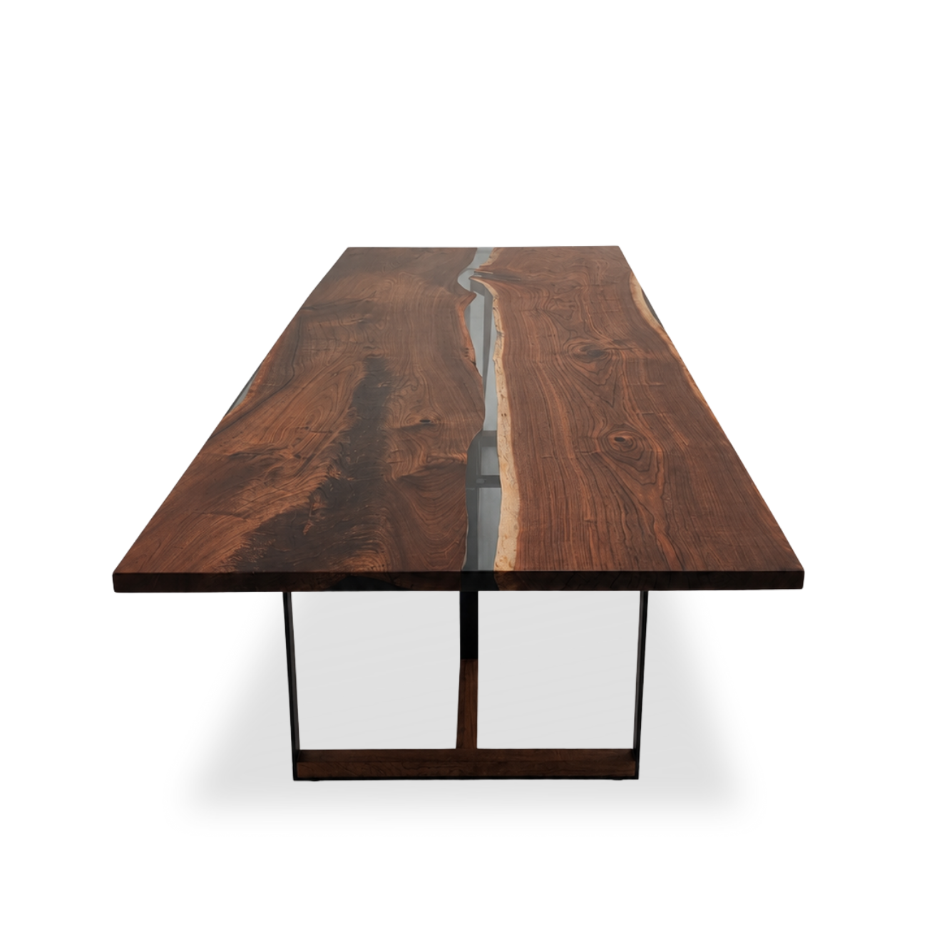Handcrafted walnut epoxy dining table with modern metal base