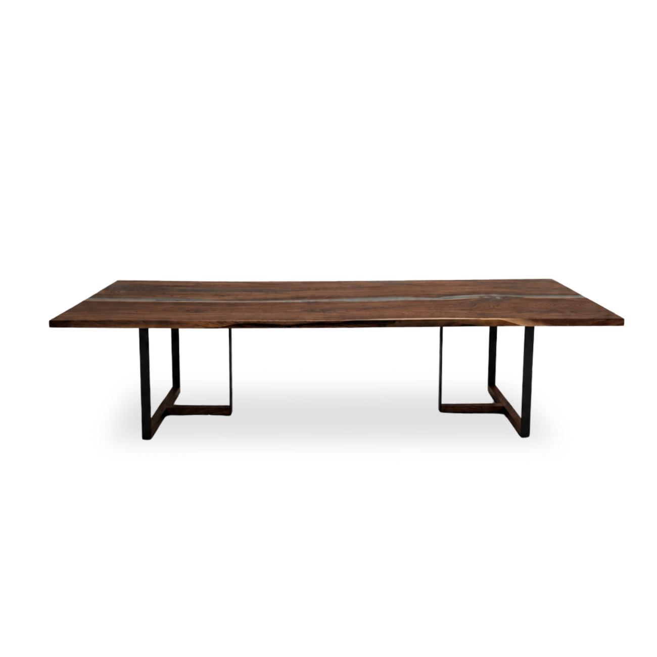 Handcrafted walnut epoxy dining table with modern metal base