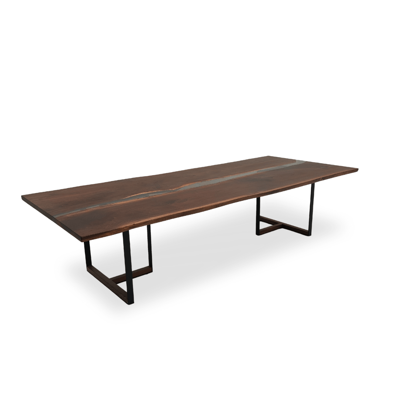 Handcrafted live-edge walnut dining table featuring a transparent gray resin river