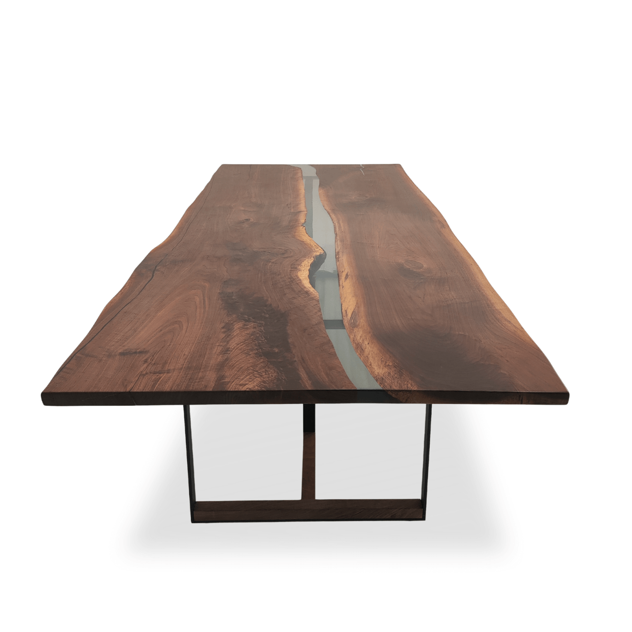 Luxury 48 x 126 walnut dining table with sculptural steel and walnut T-shaped base