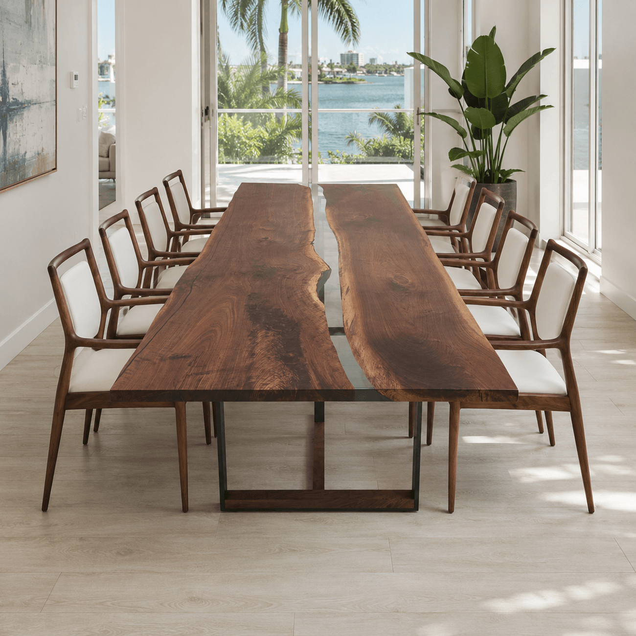 Contemporary live-edge walnut dining table with transparent gray epoxy river