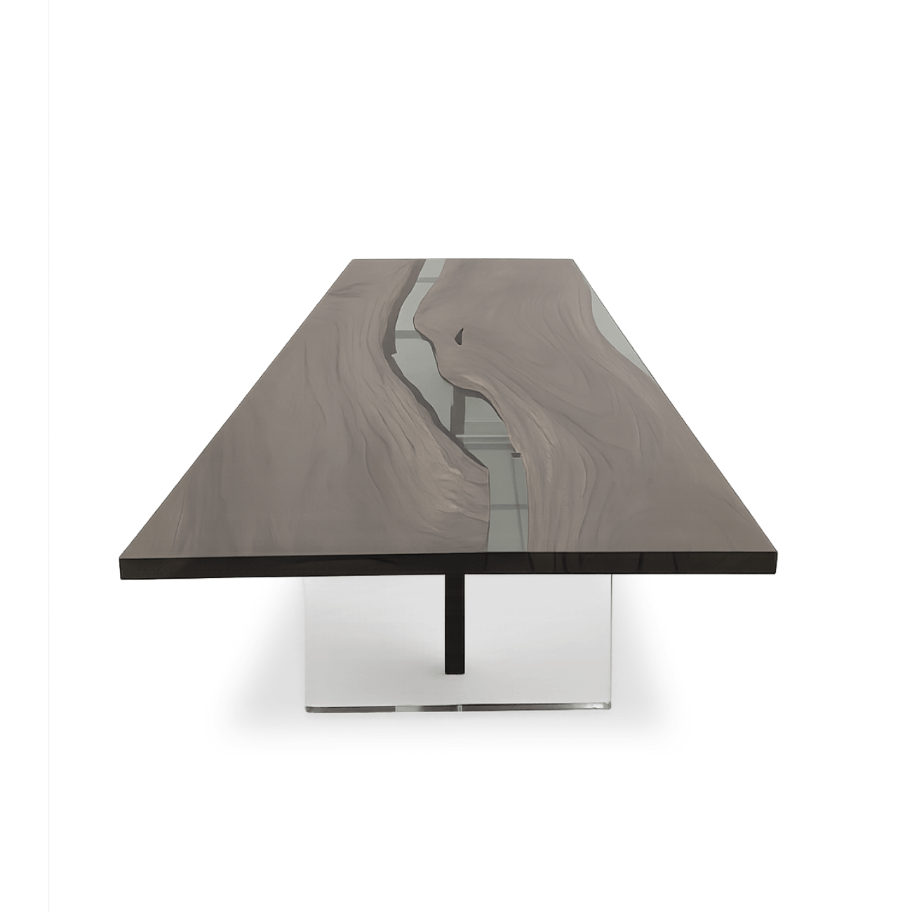 Handcrafted Monkey Pod dining table with transparent plexiglass base