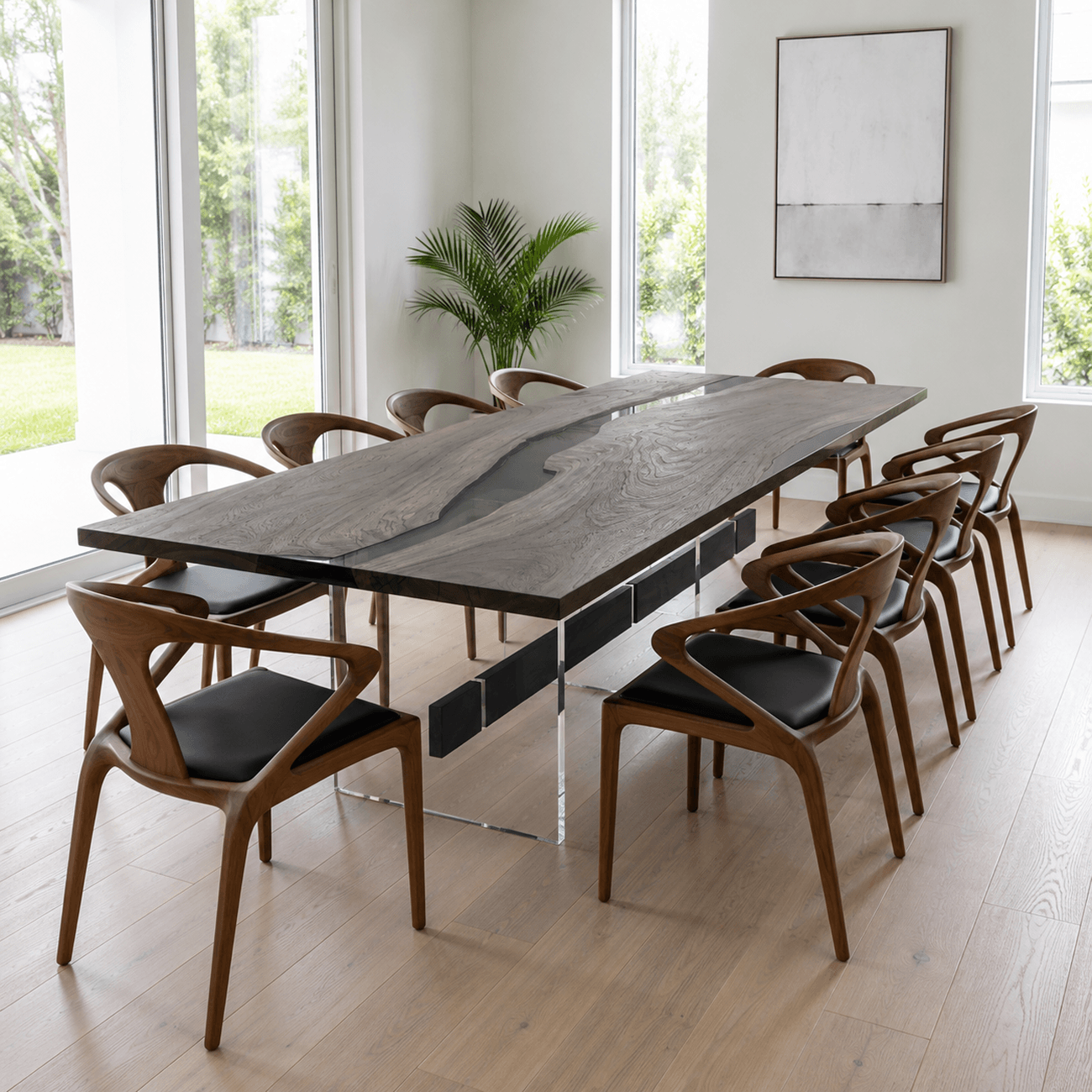 Large luxury Monkey Pod dining table with acrylic base and epoxy river