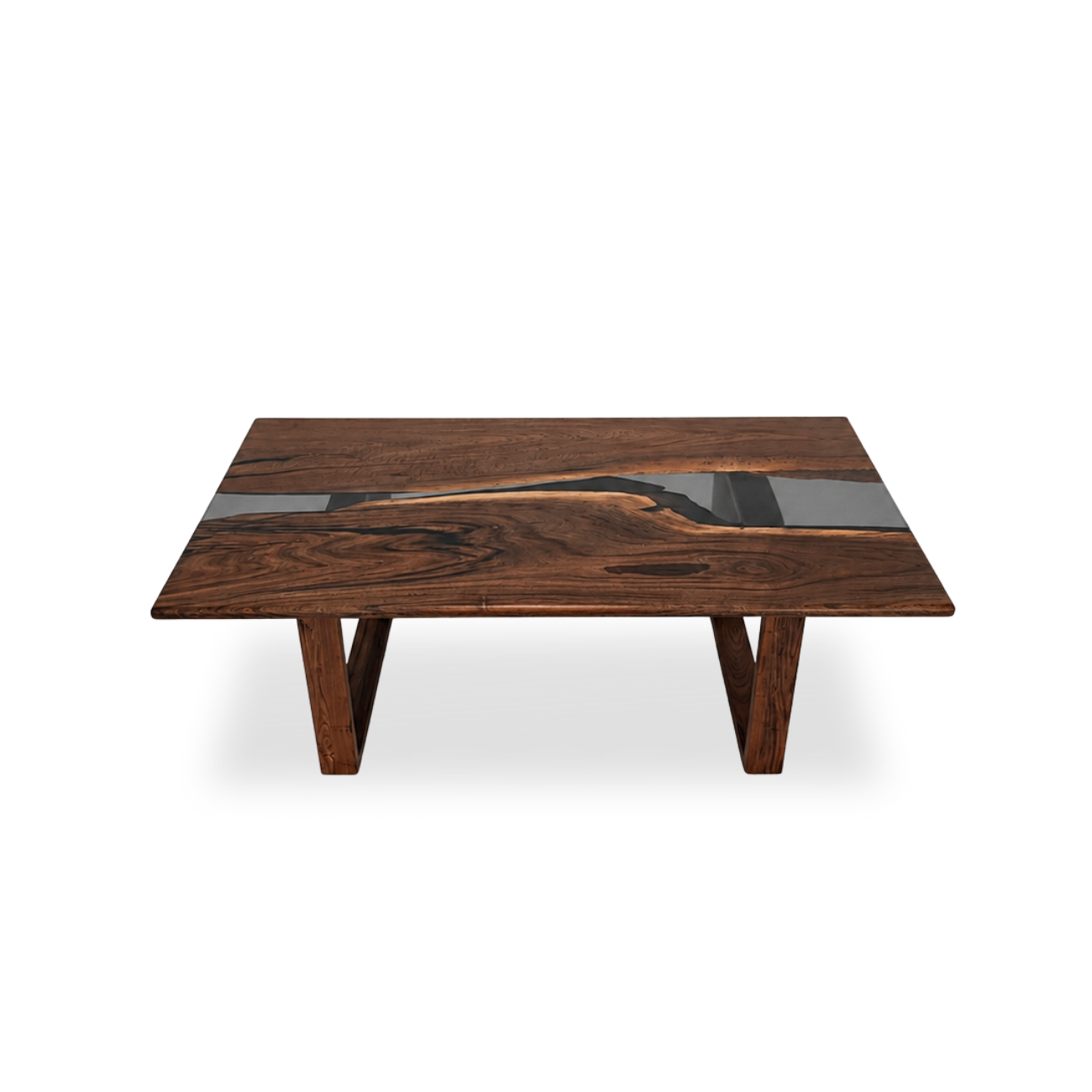 Sedon walnut dining table with smoky grey epoxy river and wooden base