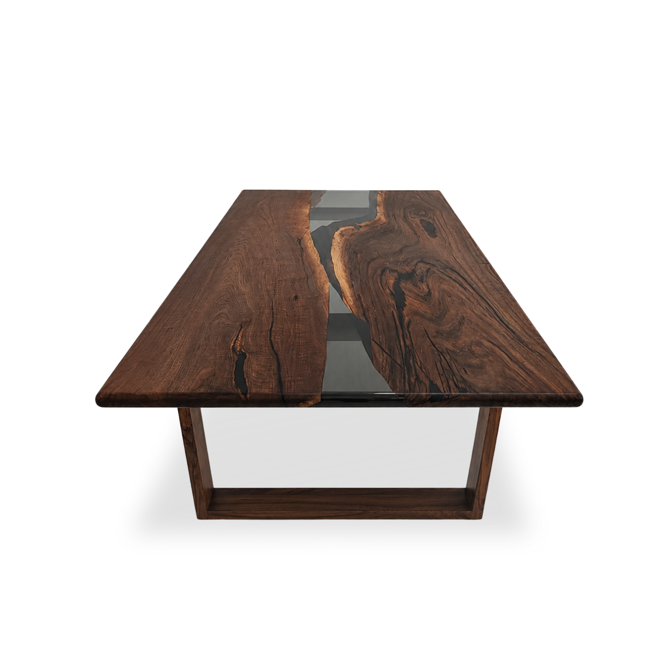 Modern walnut epoxy dining table measuring 48 by 90 inches
