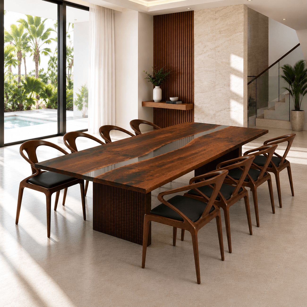Luxury rectangular walnut dining table with transparent gray resin