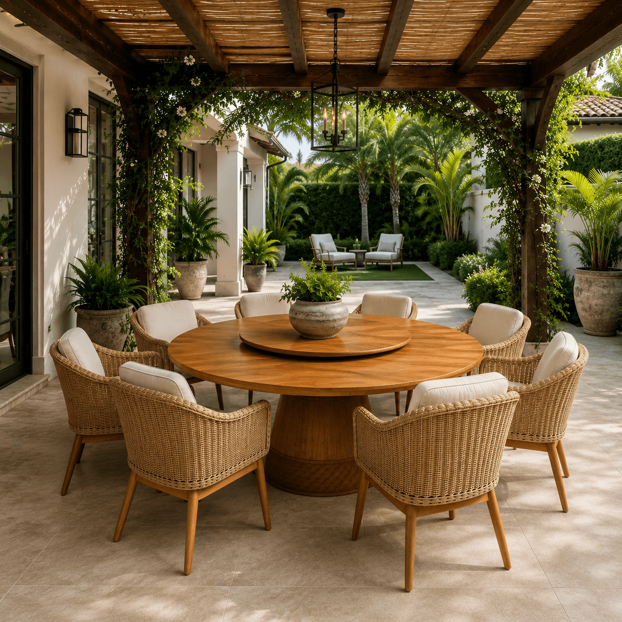 Large round Burmese teak outdoor dining table for terrace or garden