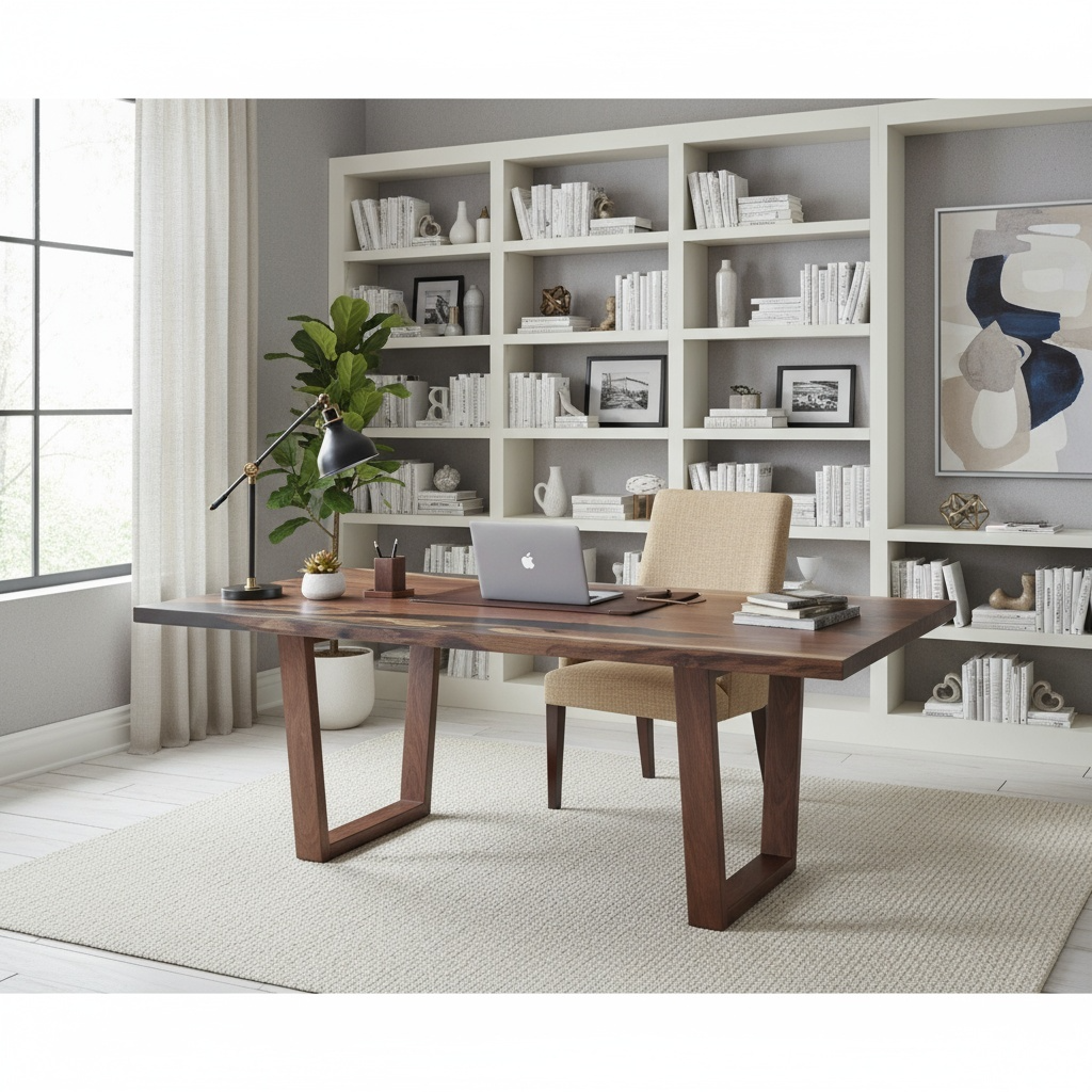 Modern home office with wooden desk, walnut with epoxy, Sedona