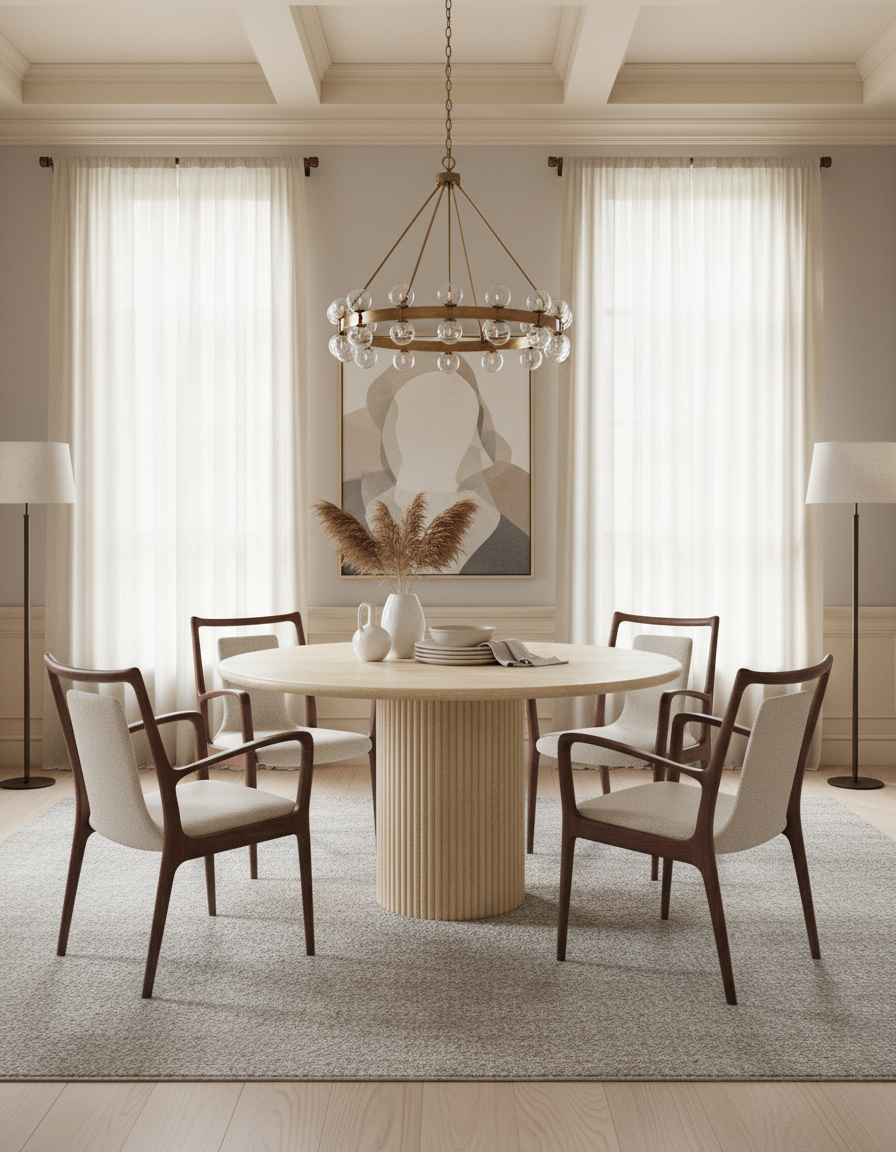 Rotonda Genuine Travertine Round Carved Dining Table - Holzsch