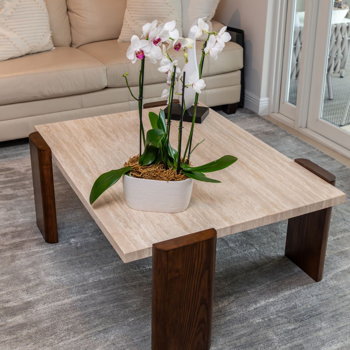 Travertine Coffee Table with Walnut Legs