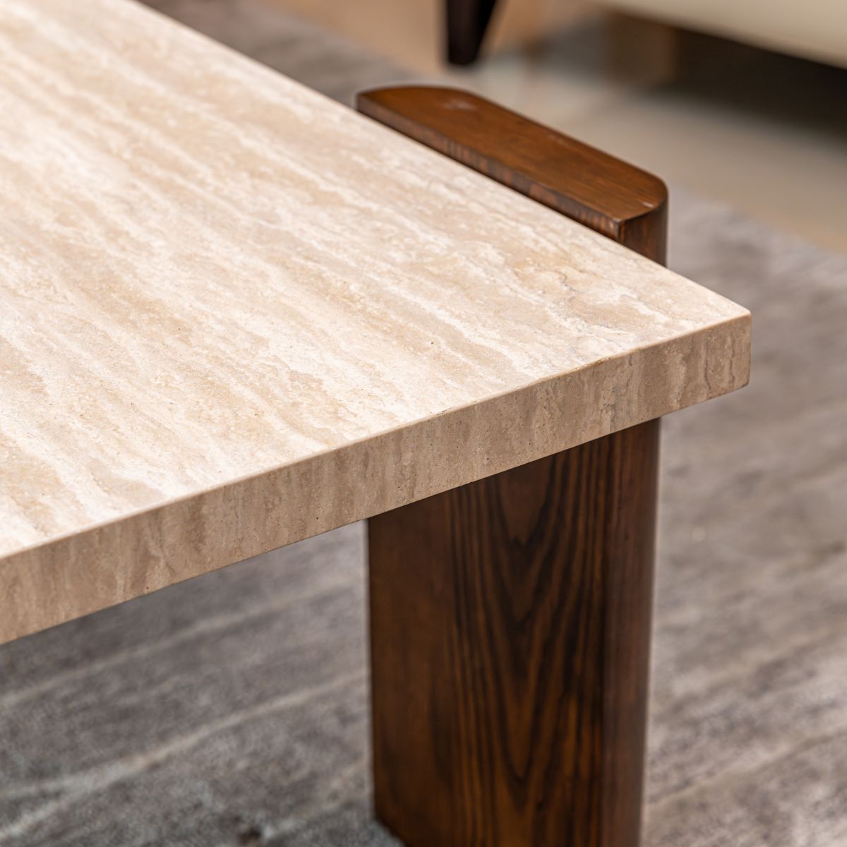 Travertine Coffee Table with Walnut Legs