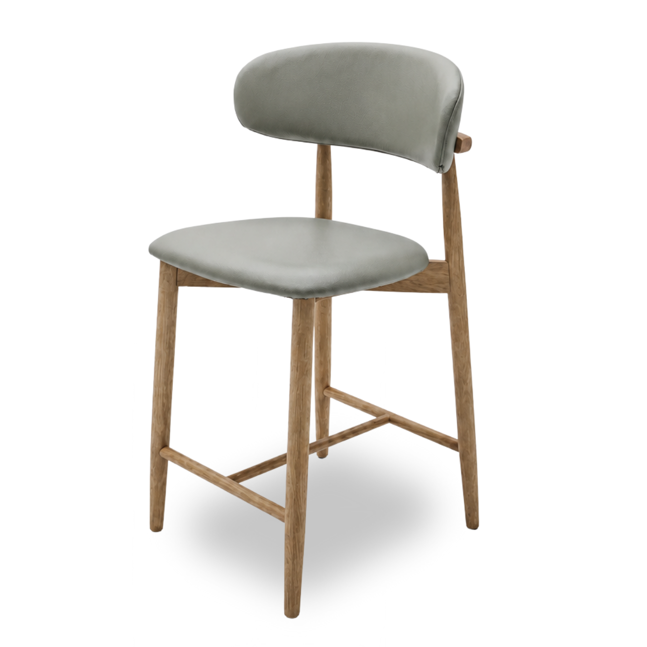 Berceau counter chair with solid walnut frame and upholstered leather seat.
